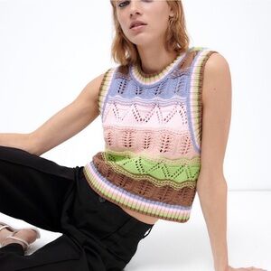 ZARA Multicoloured Crochet Knit Sweater Vest Size S Striped Trim Lagenlook Boho